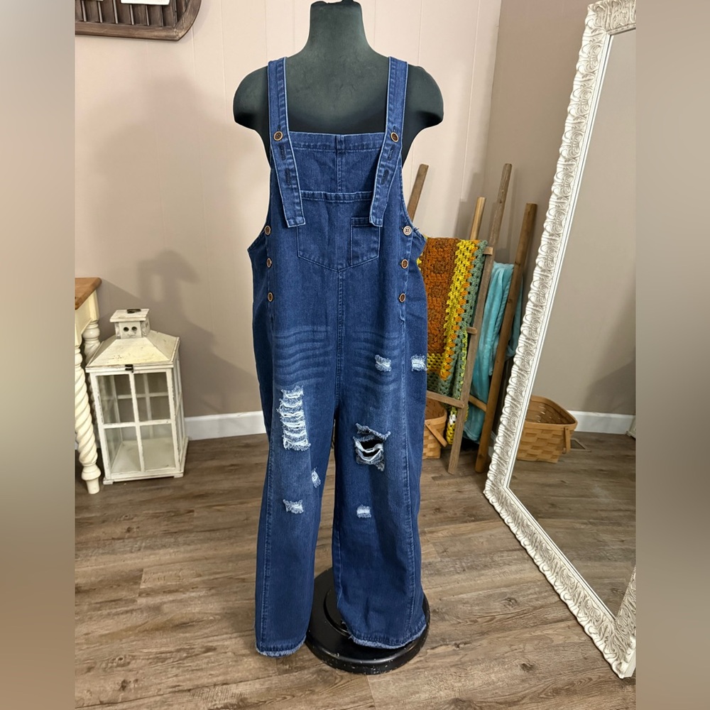 Wide Leg Distressed Oversized Jean Overalls - Picture 8 of 14